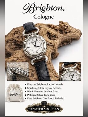 Brighton “Cologne” Women’s Watch Black Leather Silver Tone Crystal Accents